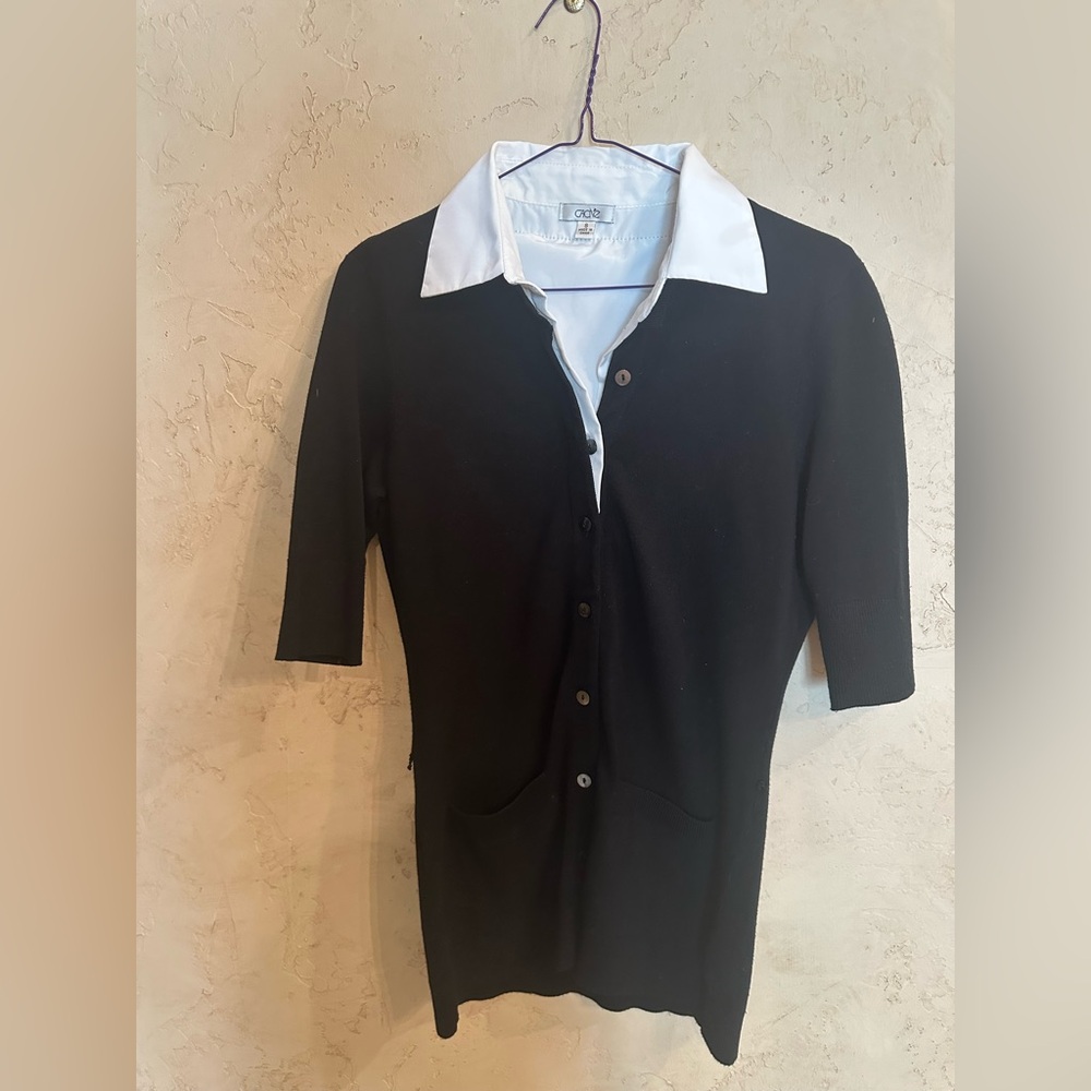 Cache Black Sweater with Built In White Button Down Shirt